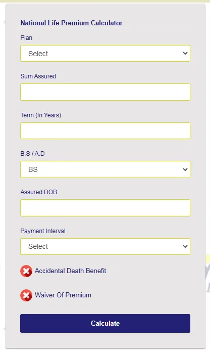 national life insurance premium calcualtor screenshhot
